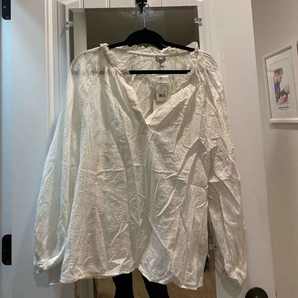 NWT Joie Eliza White/Gold Metallic Long Puff Sleeve Blouse (Oversized). Size S.